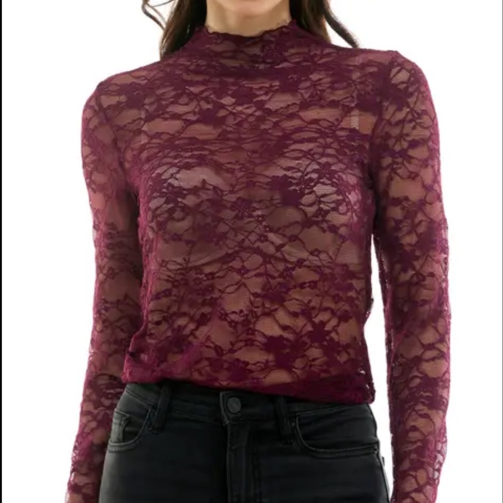 Cupio High-Neck Long Sleeve Sheer Lace Top